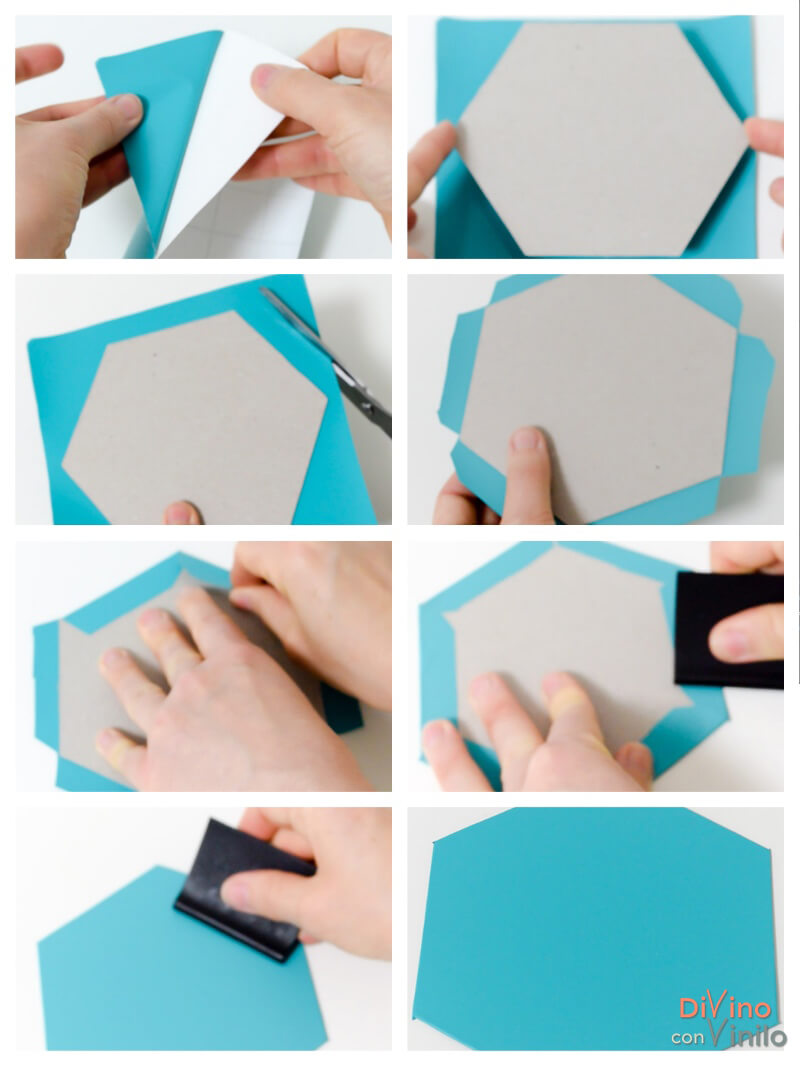 paso a paso para forrar hexágonos con vinilo adhesivo