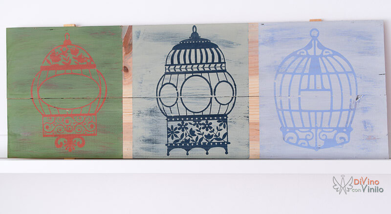 tríptico de madera decorado con plantillas de vinilo adhesivo
